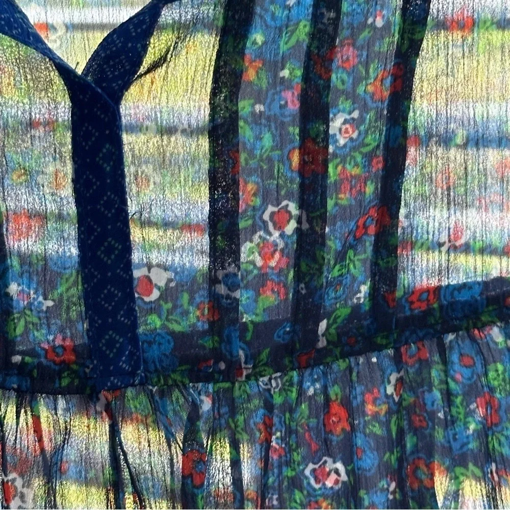 Hollister Womens S Blue Ditsy Floral  Pleated Sheer Chiffon Top Boho Cottage - Picture 6 of 16